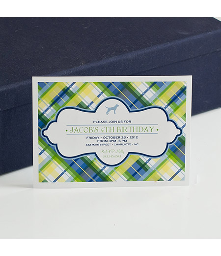 Plaid Preppy Puppy Printable Party Invitation - Navy and Greens